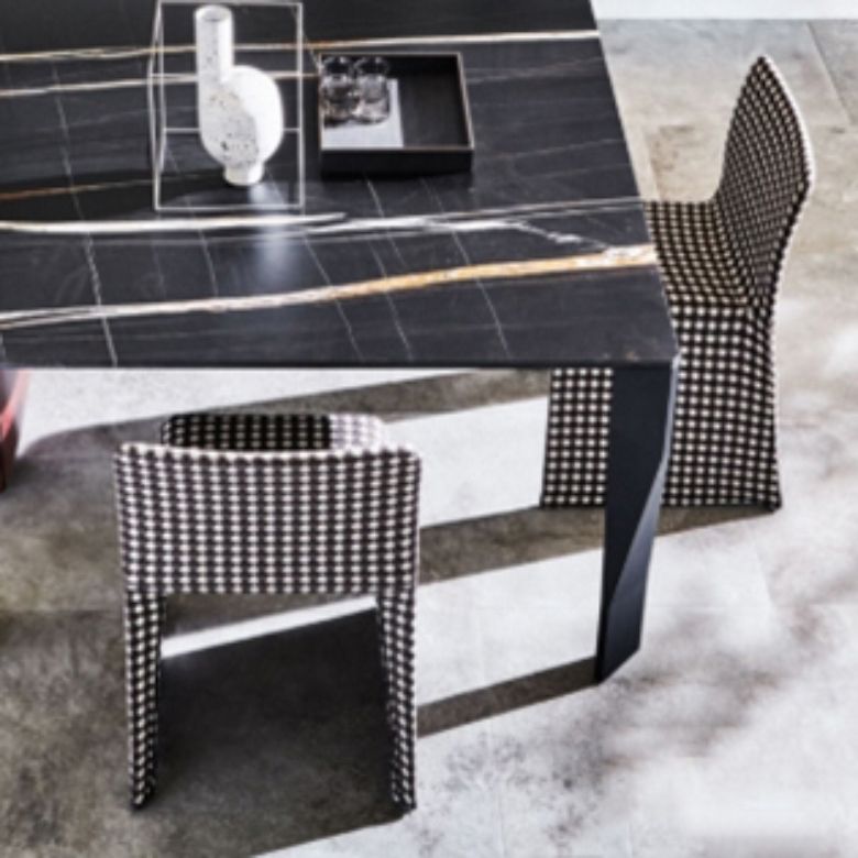 Rectangular Black Stone Table Top Dining Table with 4 Foot Metal Base