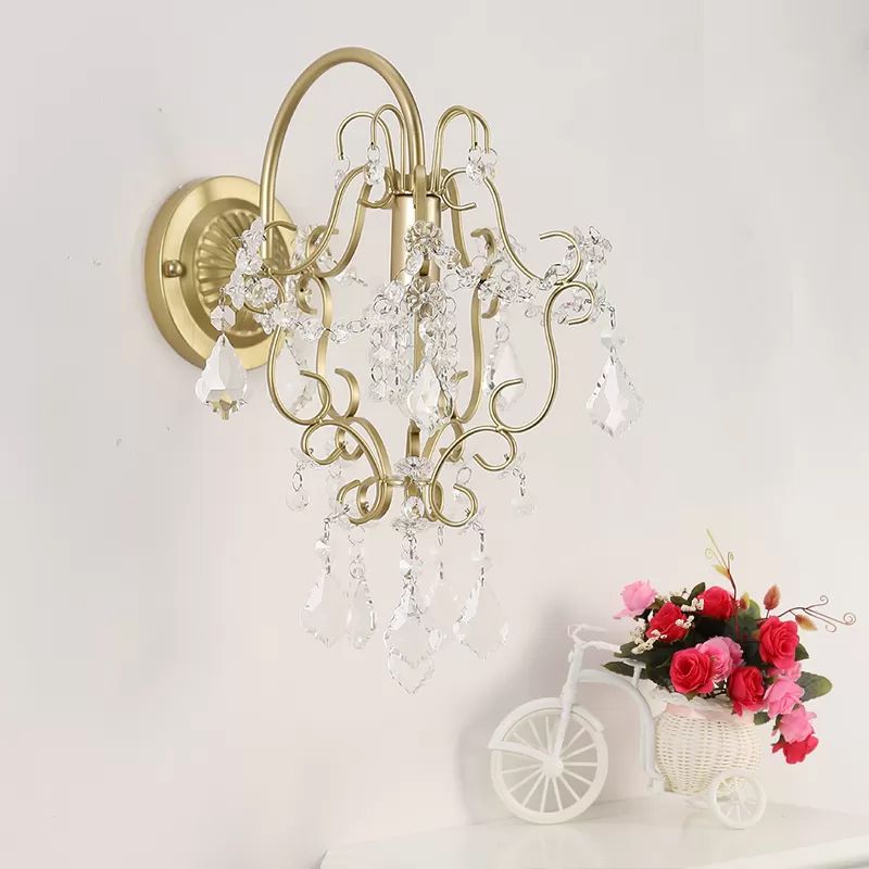 Bent Arm Frame Wall Mount Lamp Rustic Metal 1 Light Gold Sconce Light with Crystal Accent
