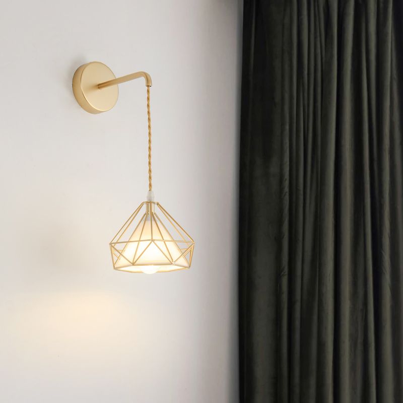 Modern Metal Wall Sconce Diamond Shape Wall Light with Fabric Shade for Bedroom