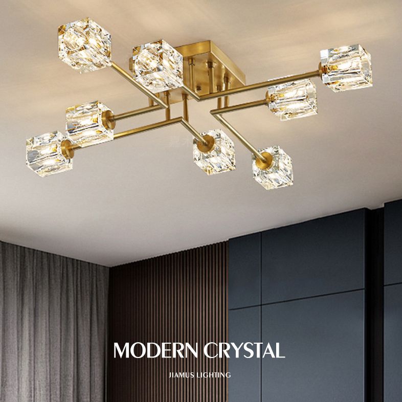 Square Crystal Shade LED Semi Flush Mount in Modern Luxury Style Ceiling Light with Copper Strip