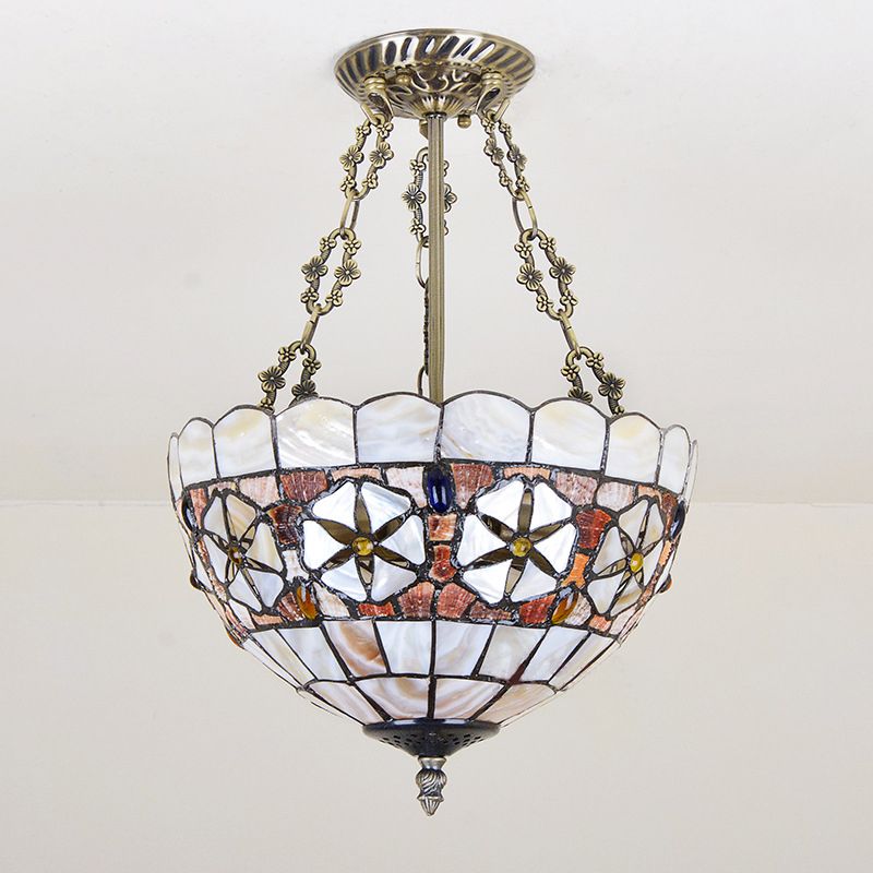 3 Lights Ceiling Mount Chandelier Tiffany Scalloped Handcrafted Shell Semi Flush Light in Brass