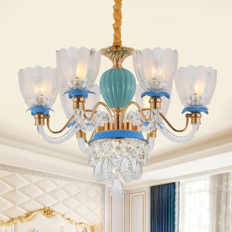 6 koppen bloemvormige kroonluchter lamp traditionele blauwe kristallen ophanging hanger