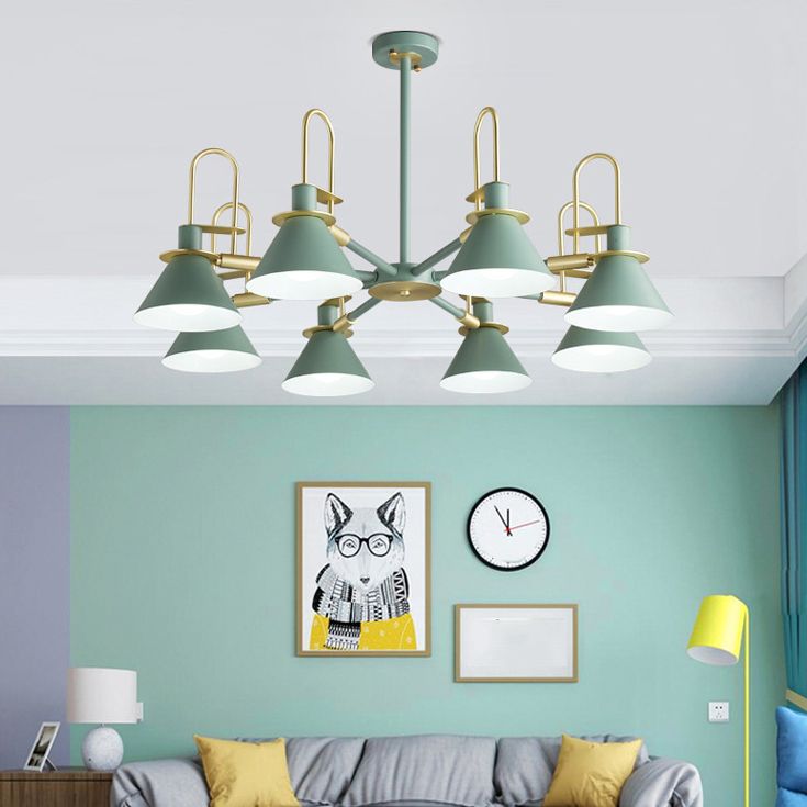 Cone Shade Chandelier Light Nordic Metal Living Room Hanging Pendant with Arc Arm