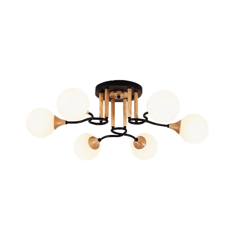 Lámpara de techo empotrada de vidrio opalino, modernismo, lámpara de techo empotrada de vidrio opalino de 3/6 luces, esfera negra y madera