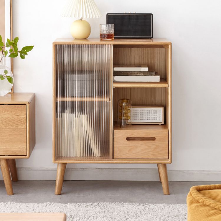 Natural Glass Paned Solid Wood Living Room Accent Cabinet with Drawer