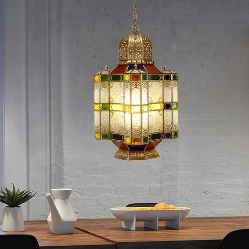 Textured Glass Brass Ceiling Pendant Lantern 6-Head Chandelier Light Fixture for Restaurant