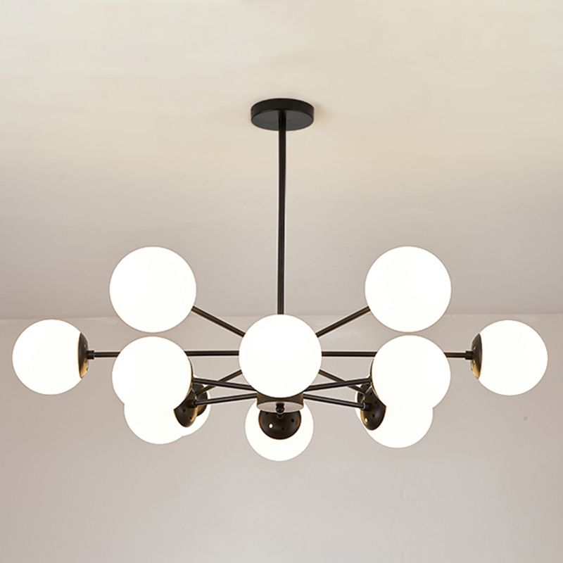 Nordic Globe Chandelier Black Multi Light Hanging Light with White Glass for Bedroom
