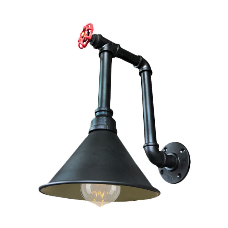 1 Light Pipe and Valve Sconce Rustic Black/Bronze Metal Wall Mount Sconce with Cone Shade for Restaurant