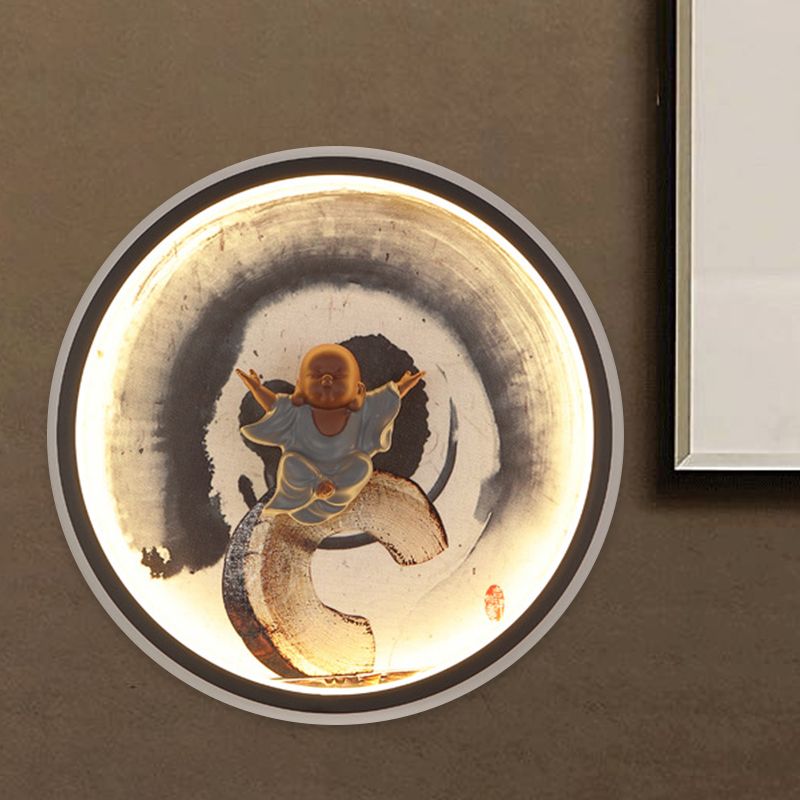 Asian Buddha Boy Mural Lamp Aluminum Bedroom LED Wall Mounted Lighting with Halo Ring in Black