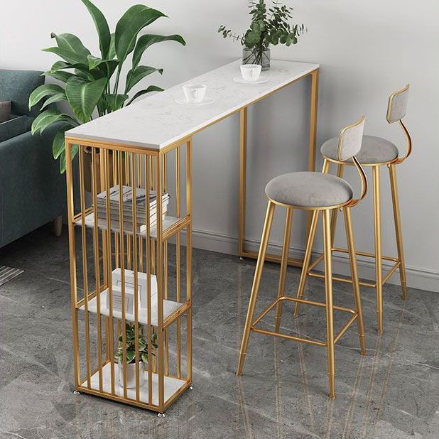 Bar Height Pub Table with 3 Storage Shelves Rectangle White Marble Top Bistro Table