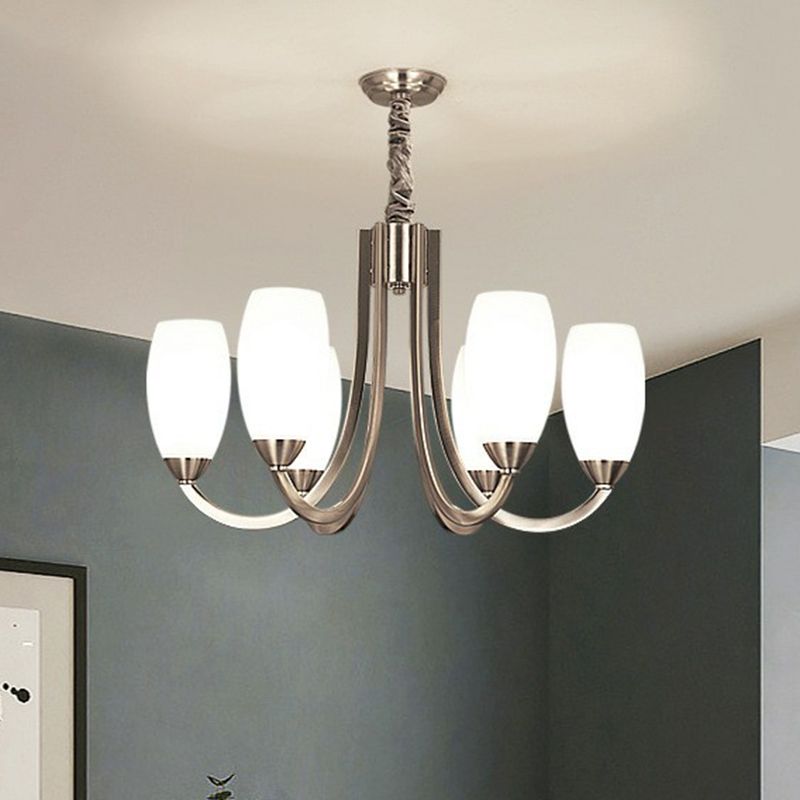 Nickel Finish Swoop Arm Chandelier Simplicity Metal Bedroom Pendant Light with Oval White Glass Shade