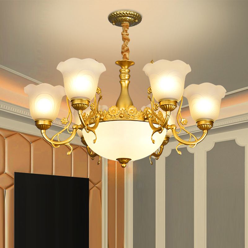 Flower Chandelier Lighting Fixtures Traditional Multi-Head Suspension Light with White Glass Shade