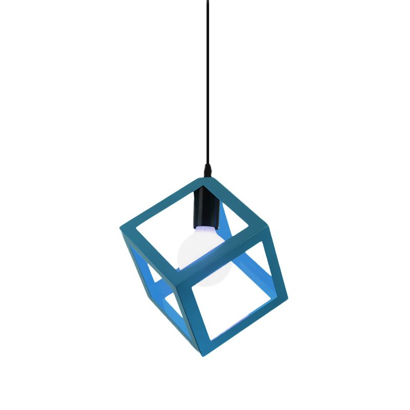 1 lampe à suspension légère avec une nuance à cage cubique Metal Loft Style Dining Pendant Light en rouge / bleu / vert