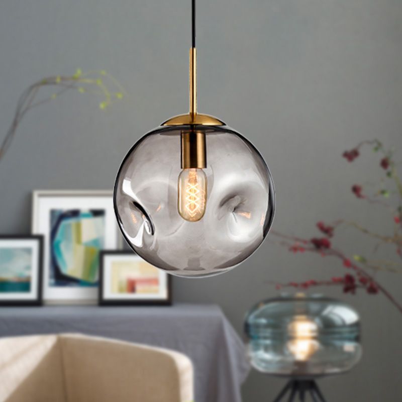Globe Pendant Light Nordic Amber/Smoke Gray Dimpled Glass 1 Head Dining Room Hanging Ceiling Light