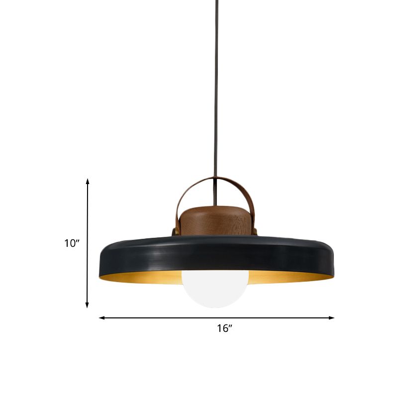 Metal Flat Ceiling Light Modern 1 Head Black Down Lighting Pendant with Wooden Cap