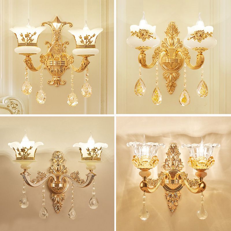Imitation Jade Gold Wall Mount Light Bud Traditional Wall Light Fixture with Crystal Draping