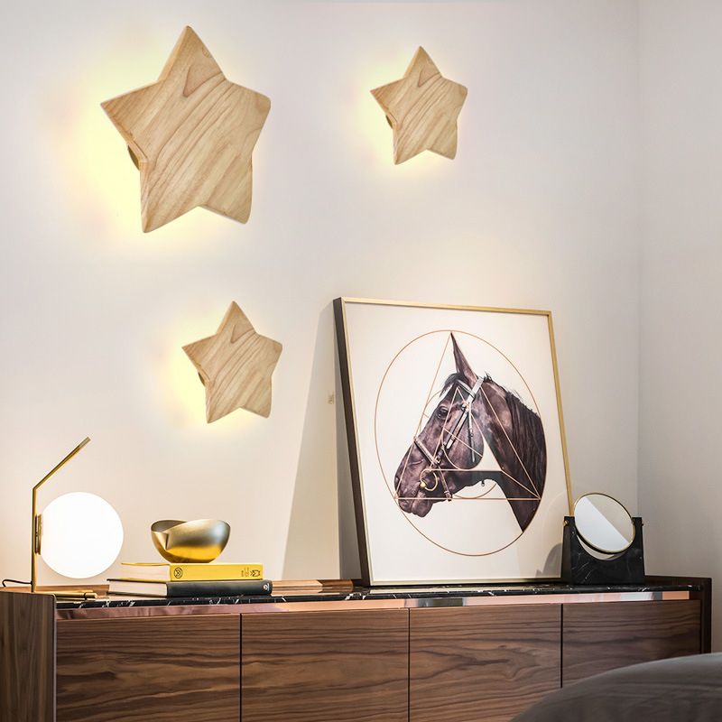 Modern LED Sconce Light Fixture Wood Star-Shaped Wall Sconce Lighting with Wooden Shade