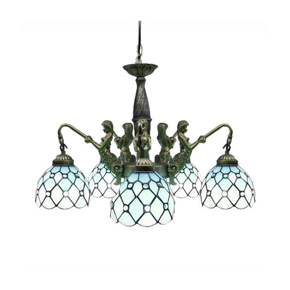 5 lumières Dome Chandelier suspendu Tiffany Blue Cut Glass Pendant Lightture avec sirène déco