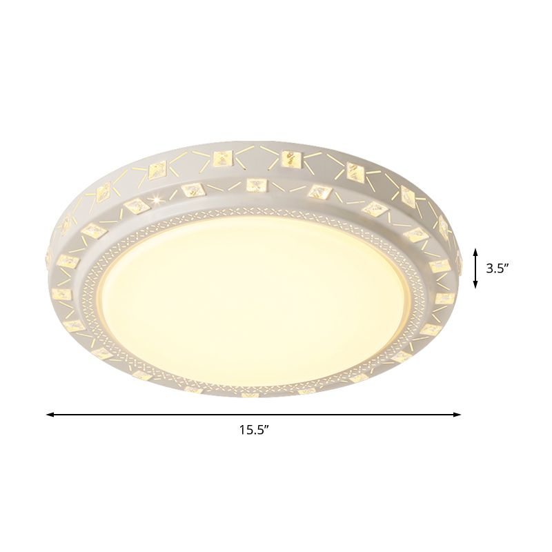 Plafonnier encastré à tambour blanc avec accents de cristal, luminaire LED moderne pour chambre à coucher, 16"/19,5" de large