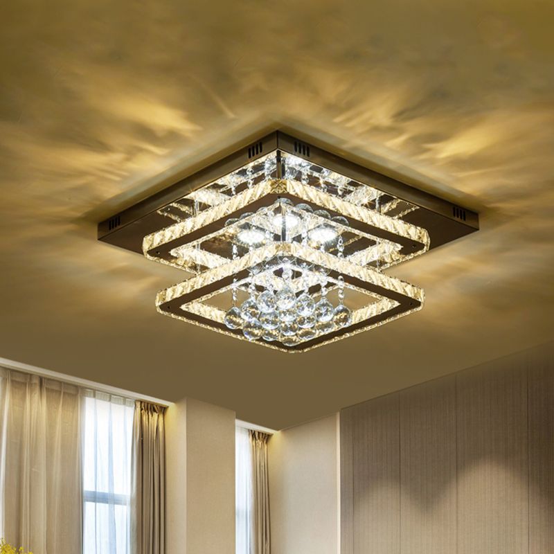 Dual Squares Faceted Crystal Semi Flush Simple LED Chrome Ceiling Lighting with Droplet