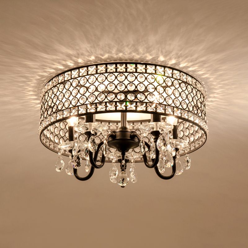 Lumo a filo in metallo a filo in metallo moderno 4 lampadine nere lampada semifulta con tonalità incorporata in cristallo tamburo