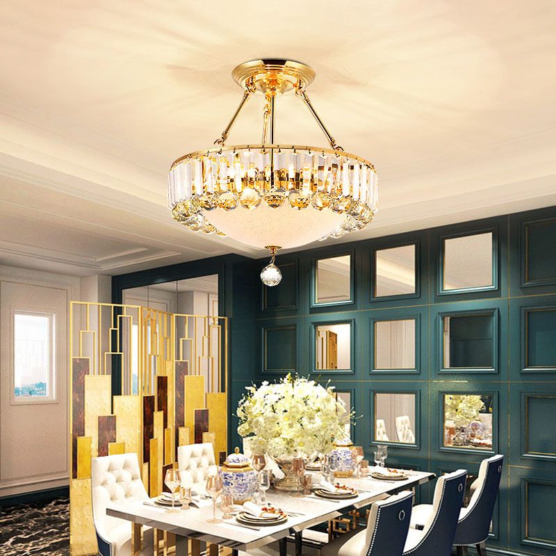 Drum Semi Mount Lighting Vintage Metal and Clear Crystal Ceiling Lighting with Milk Glass Diffuser in Gold