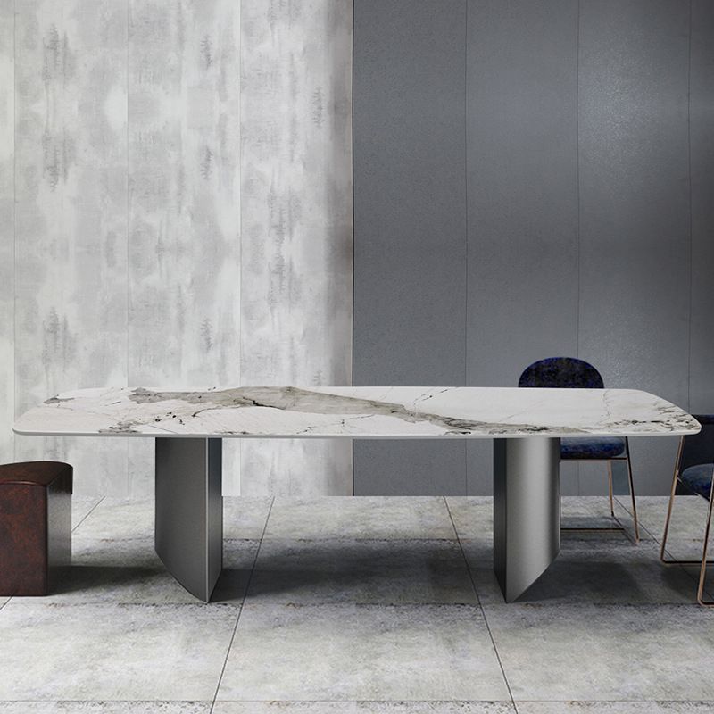 Sintered Stone Top Dining Table Rectangle Table with Grey Metal Base and Double Pedestal