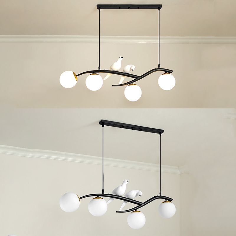 4-lights Branches Glass Orb Island Light Nordic Style Decorative Birds Design Dining Room Lighting Fixture