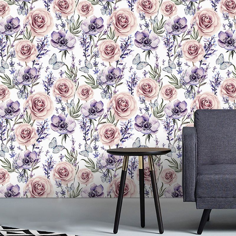 Illustration Style Wallpaper Blossoming Rose Wall Covering for Guest Room Decor in Soft Color, Self-Adhesive