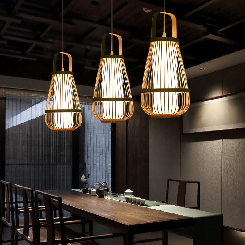 Basket Bamboo Pendant Light Contemporary Single-Bulb Wood Suspension Light Fixture