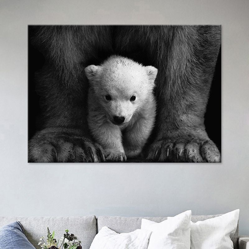 Polar Bear Baby Wall Art Contemporary Textured Canvas Print in Black-Grey for Nursery