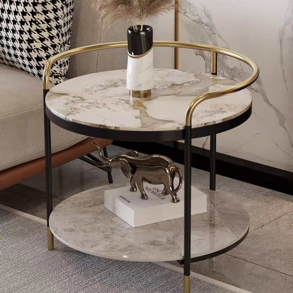 Contemporary with Shelf 3 Legs Round Double Tier Side End Table