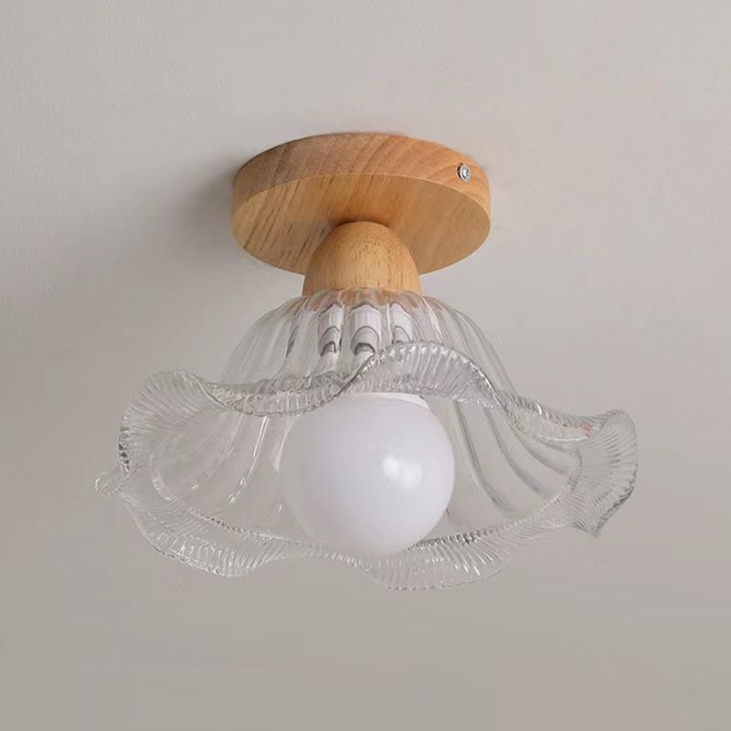 Modern Ceiling Light 1-Light Wooden Ceiling Mount Light with Glass Shade for Bedroom