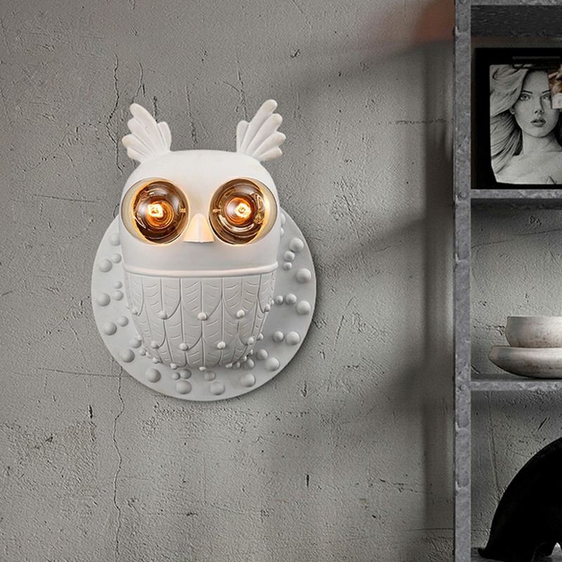 Resin Owl Shaped Wall Lamp Fixture Cartoon 2-Light White Wall Mount Lighting for Aisle