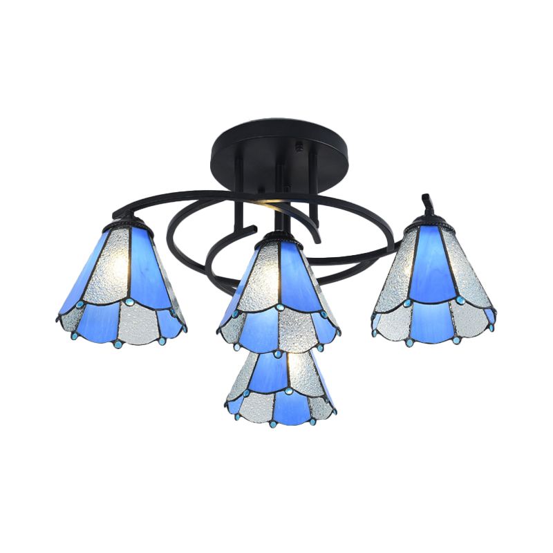 4 Lights Bedroom Semi Flush Mount Light Mediterranean Black Ceiling Lamp with Cone/Dome White/Beige/Blue Glass Shade