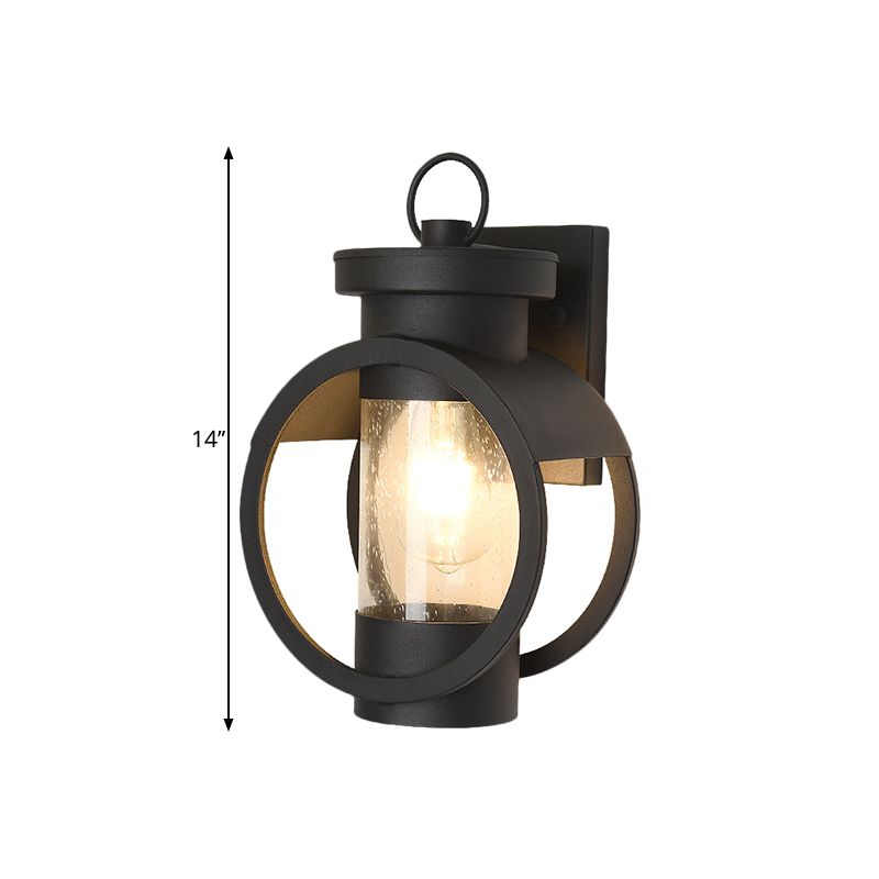 Cylindrical Courtyard Wall Sconce Traditional Seedy Glass 1-Bulb Black Wall Mount Lamp