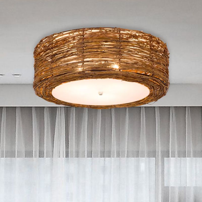 Hand-Woven Flush Mount Lamp with Round Shade Modern Rattan 3 Lights Bedroom Ceiling Light Fixture in Brown, 16"/19.5" W