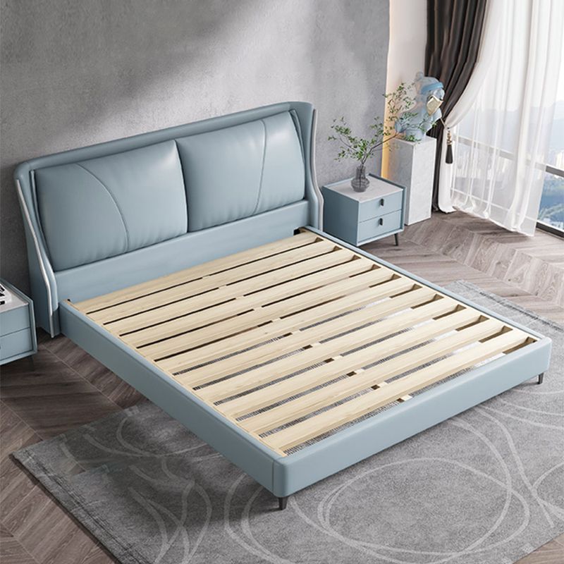 Modern Genuine Leather Panel Bed Pine Wood Bed with Upholstered Headboard