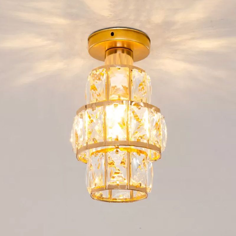 Single Beveled Crystal Inlaid Flush Light Traditional Gold Cylindrical Foyer Semi Flush Mounted Lamp