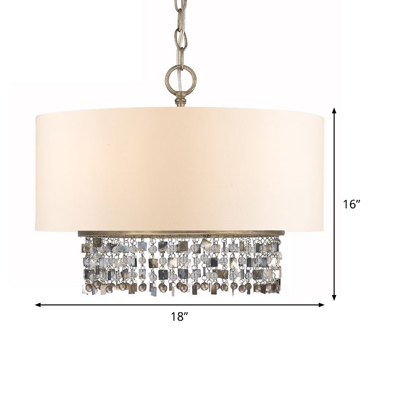 Stof witte afwerking plafond kroonluchter trommelschaduw 5-lichte platteland hanglamp met kristallen druppel met kristallen druppel