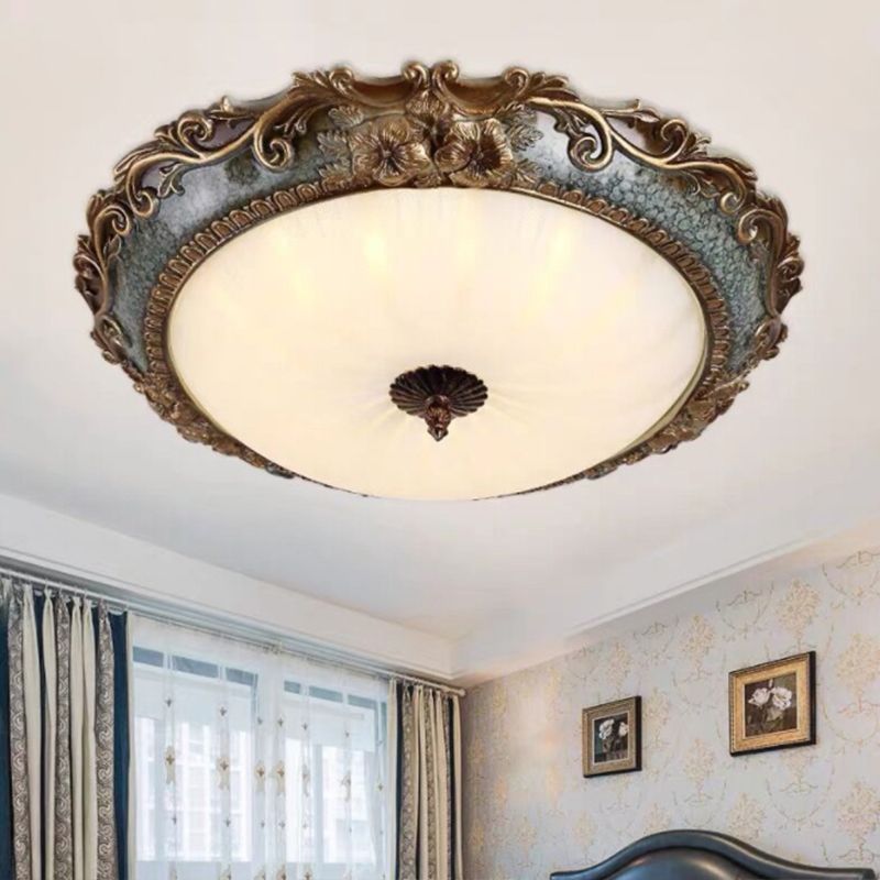 Resin Brass Flush Mount Lighting Round Shape 12"/16"/19.5" W 2/3-Light Rustic Ceiling Lamp with Floral Pedestal