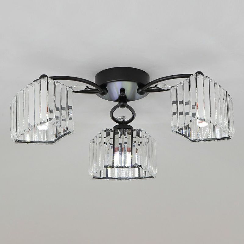 Circular Bedroom Ceiling Lamp Prismatic Crystal Minimalist Semi Mount Lighting in Black