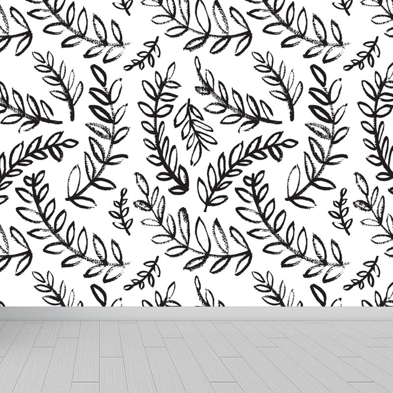 Black and White Modern Mural Large Illustration Leaves Print Wall Decor for Bedroom