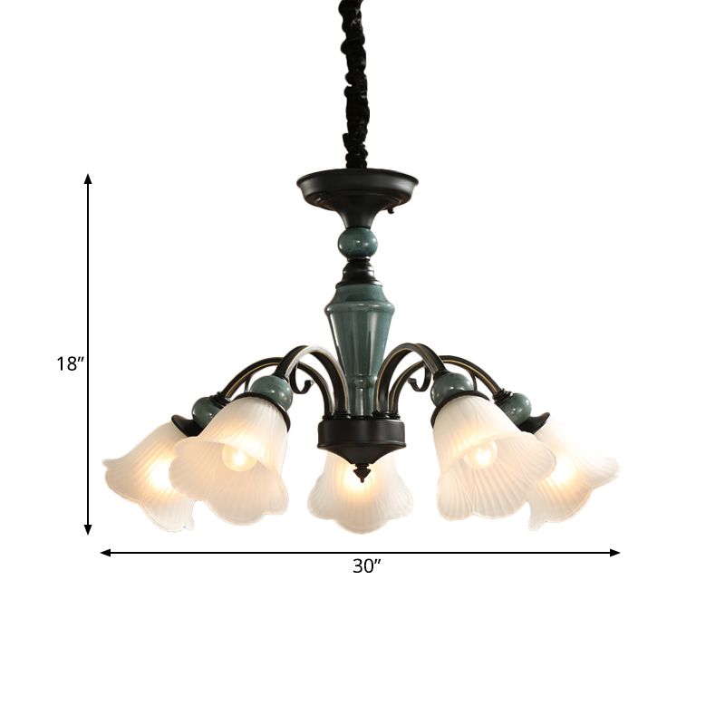 Curved Arm Living Room Pendant Lamp Country Metallic 5/6-Bulb Black Finish Chandelier Light with Flower Frosted Glass Shade