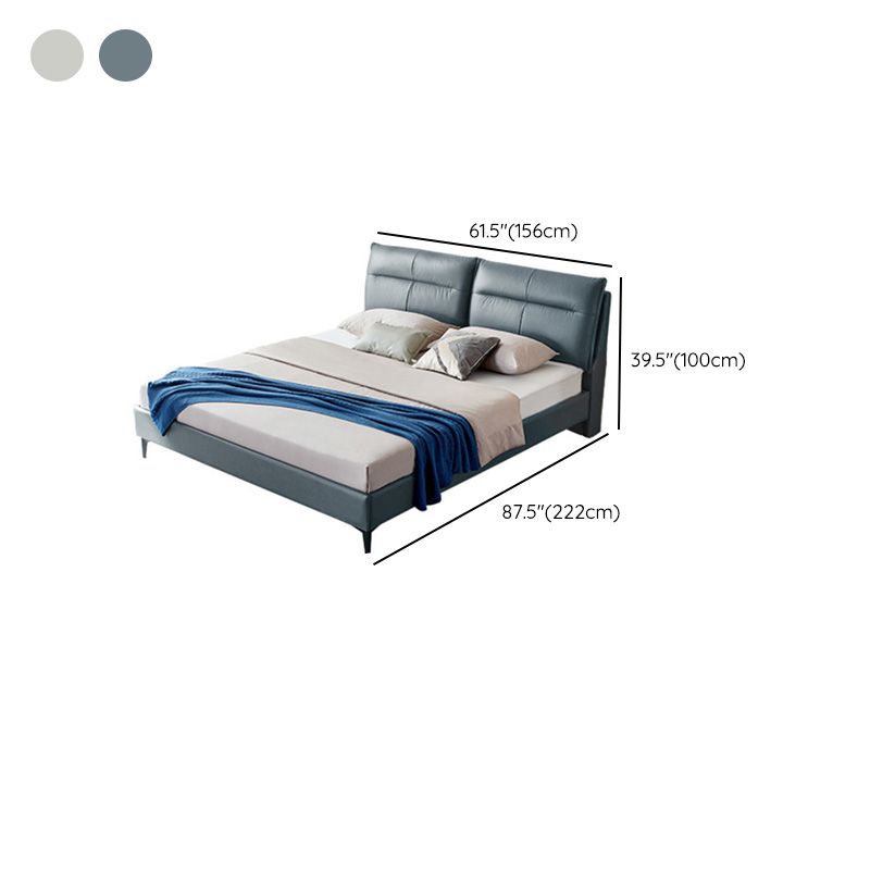 Rectangular Solid Color Panel Bed Genuine Leather Standard Bed with Metal Legs