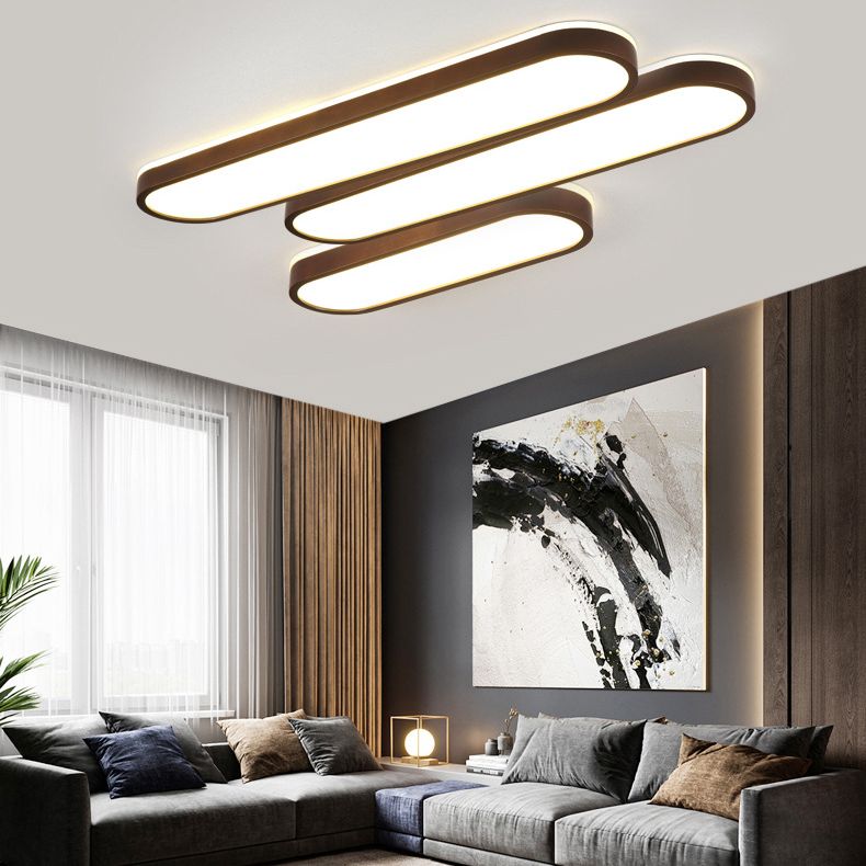 Dark Brown Oval Flush Lamp Simple LED Wooden Flush Ceiling Light with Backlit Design