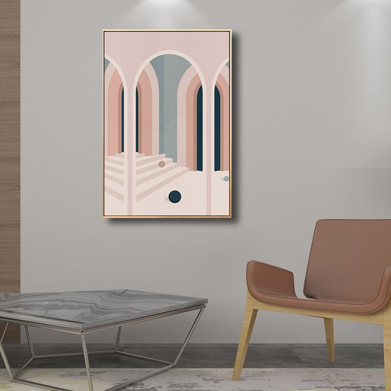 Art de porte cintrée de style scandinave dans une décoration murale texturée de couleur douce pour salle de bain