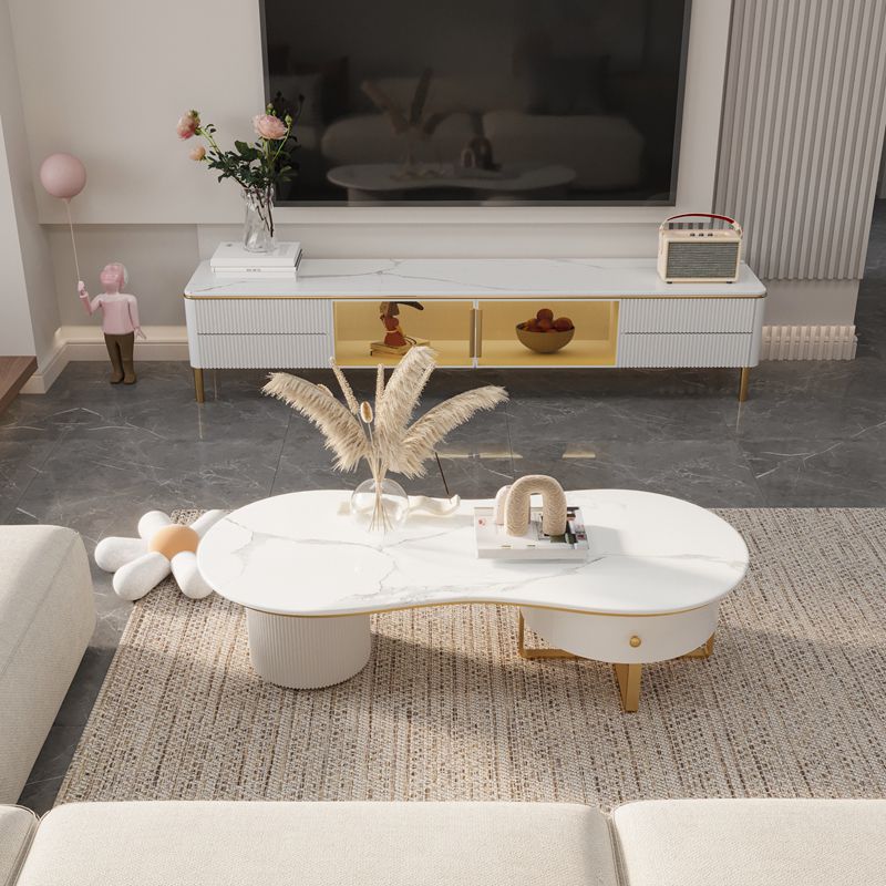 Glam Style Stone TV Stand White Colour Enclosed Storage TV Console with 2-Drawer