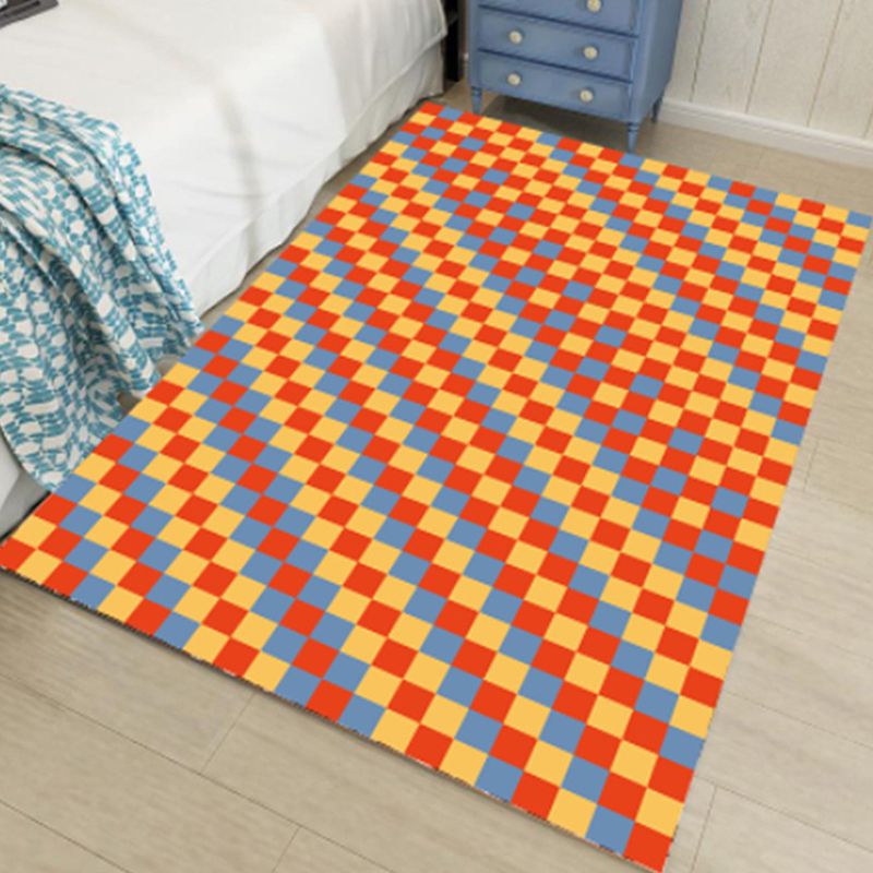 Orange Modern Rug Polyester Check Print Rug Washable Rug for Living Room