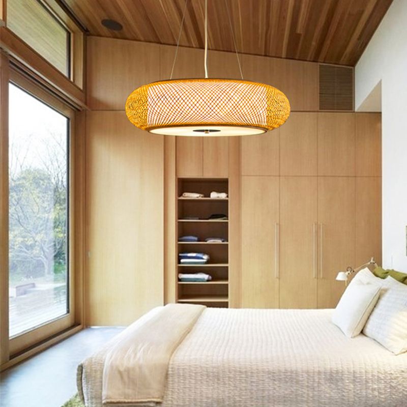 12"/16"/19.5" Wide Donut Ceiling Lamp Retro Bamboo 3 Bulbs Wood Hanging Light Fixture